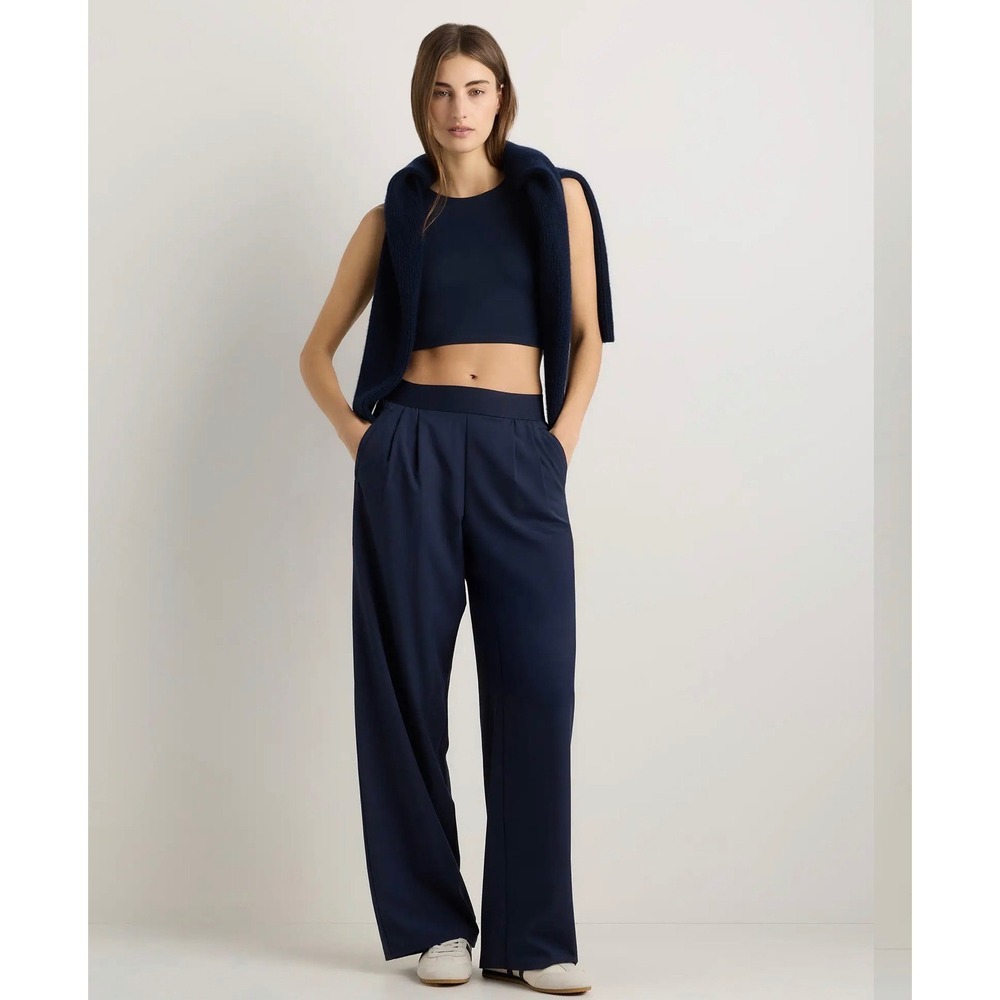 Quince Performance Tech Wide Leg Pants Navy Blue Pleated Stretch XL